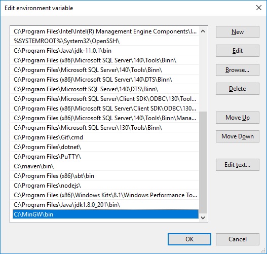 Setting up the environment variable for MinGW