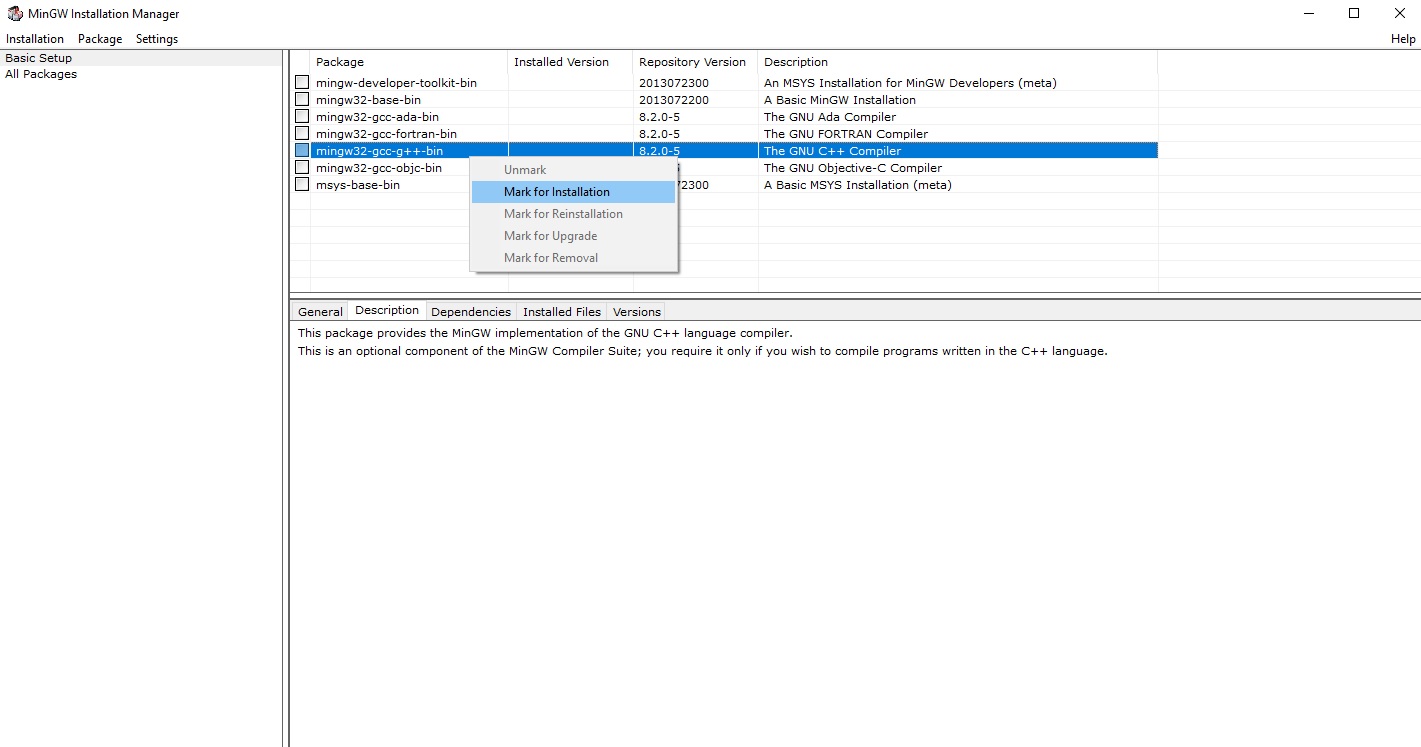GNC C++ Compiler package selection