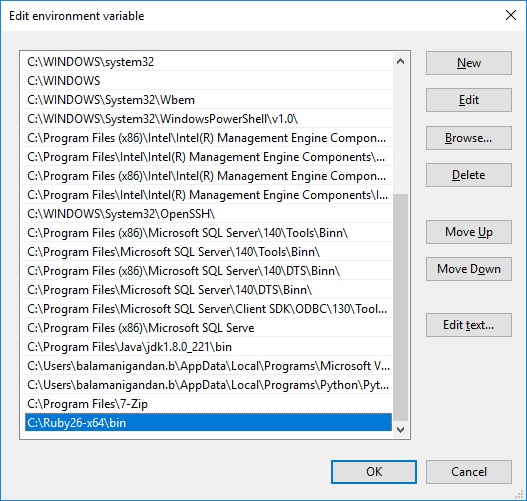 Setting up the environment variable for Ruby
